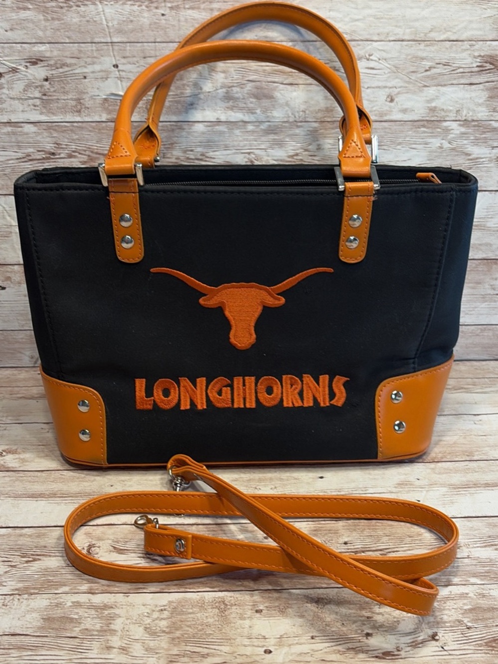 Vintage Longhorns Black and Orange Canvas Tote with Removable Strap